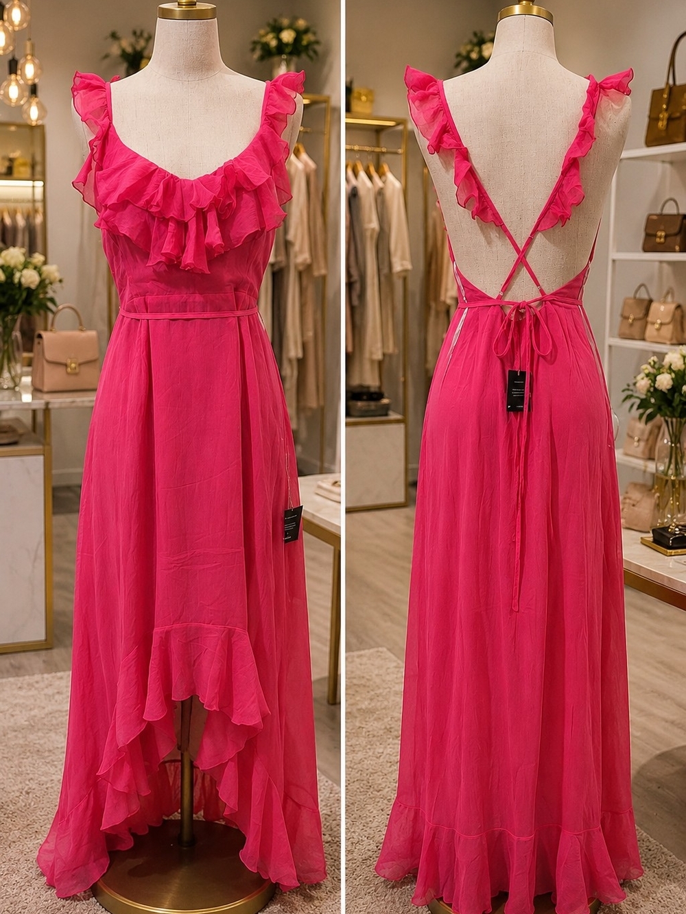 Lulu's Hot Pink Ruffle High-Low Maxi Dress - Picture 1 of 2